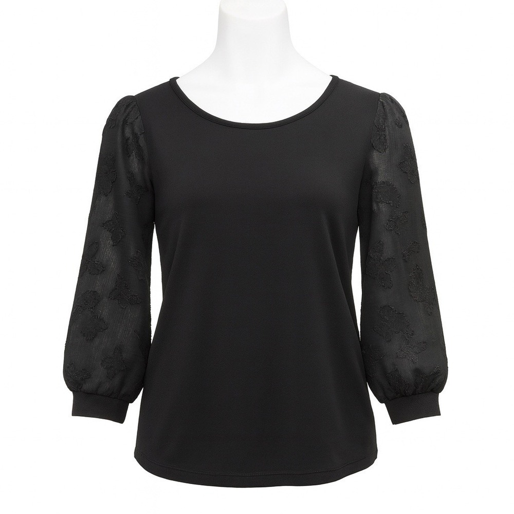 CeCe Puff Sheer Sleeve Knit Top Small Black Romantic Floral Dark Academia